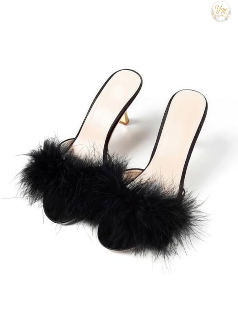 Kitten Heel Slippers Faux Fur Feather Open Toe Slide Mules